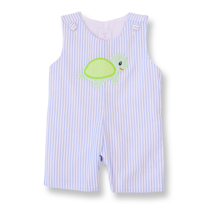 Blue Seersucker Turtle Applique Shortall