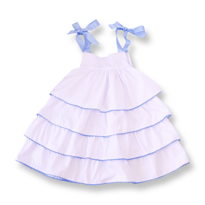 White Tiered Ruffle Dress with Blue Bow Shoulder Ties