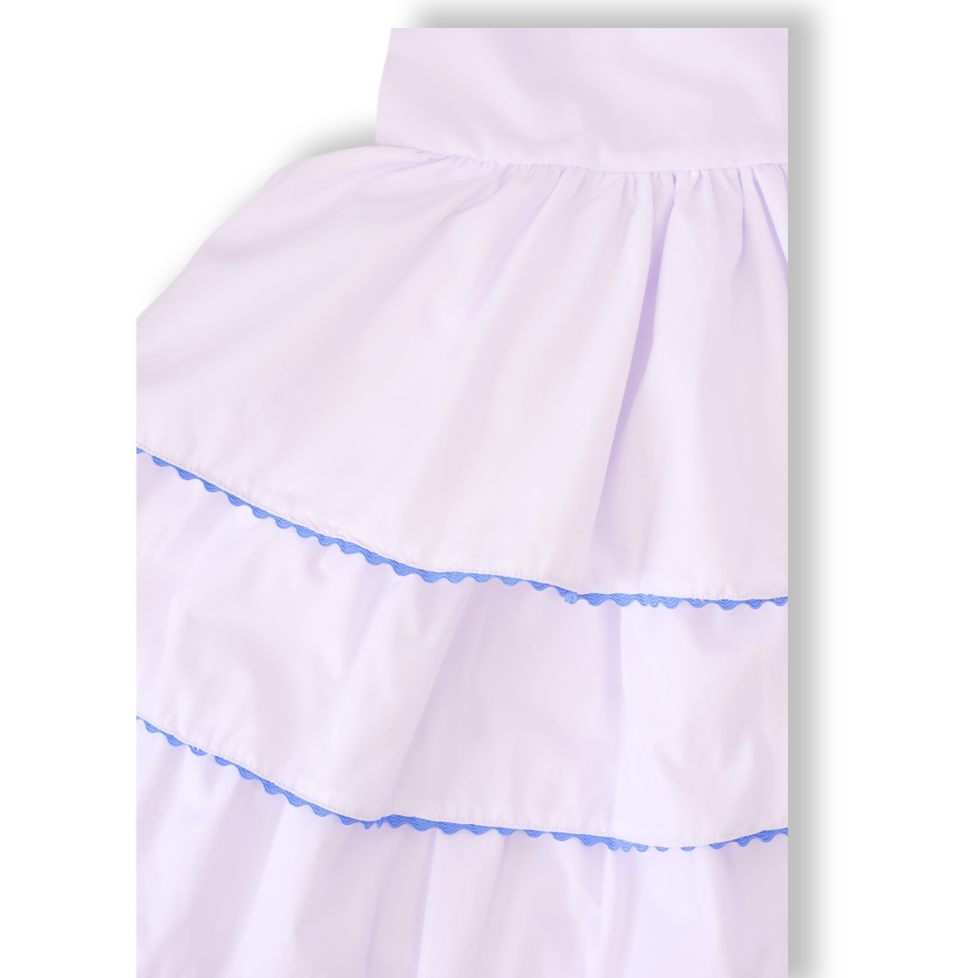 White Tiered Ruffle Dress with Blue Bow Shoulder Ties