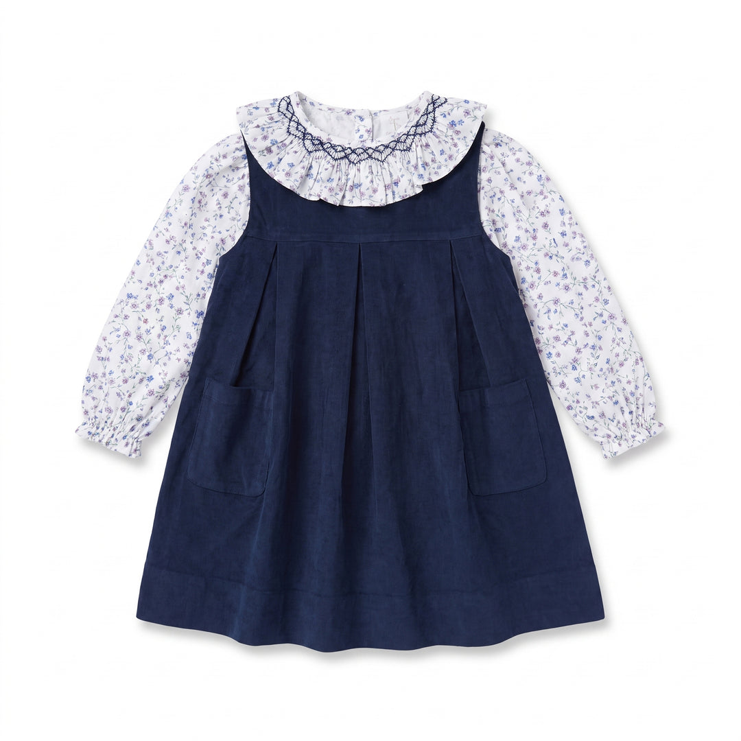 Elise Navy Corduroy Pinafore Dress Set