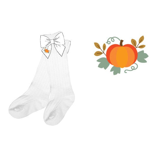 White knee socks with bow and pumpkin embroidery
