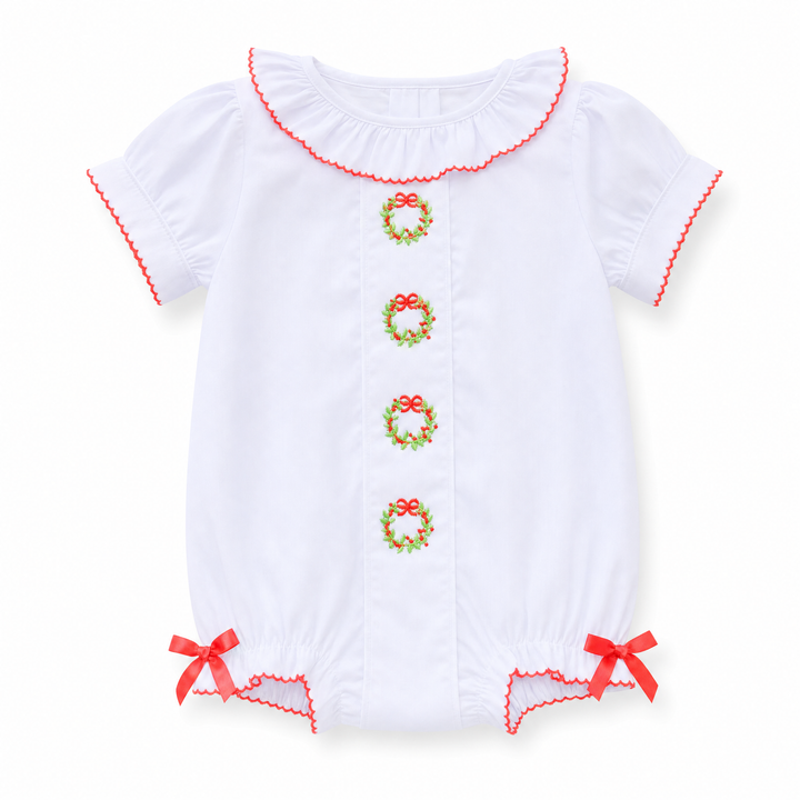 Girls Red and Green Wreath Smocked Bubble