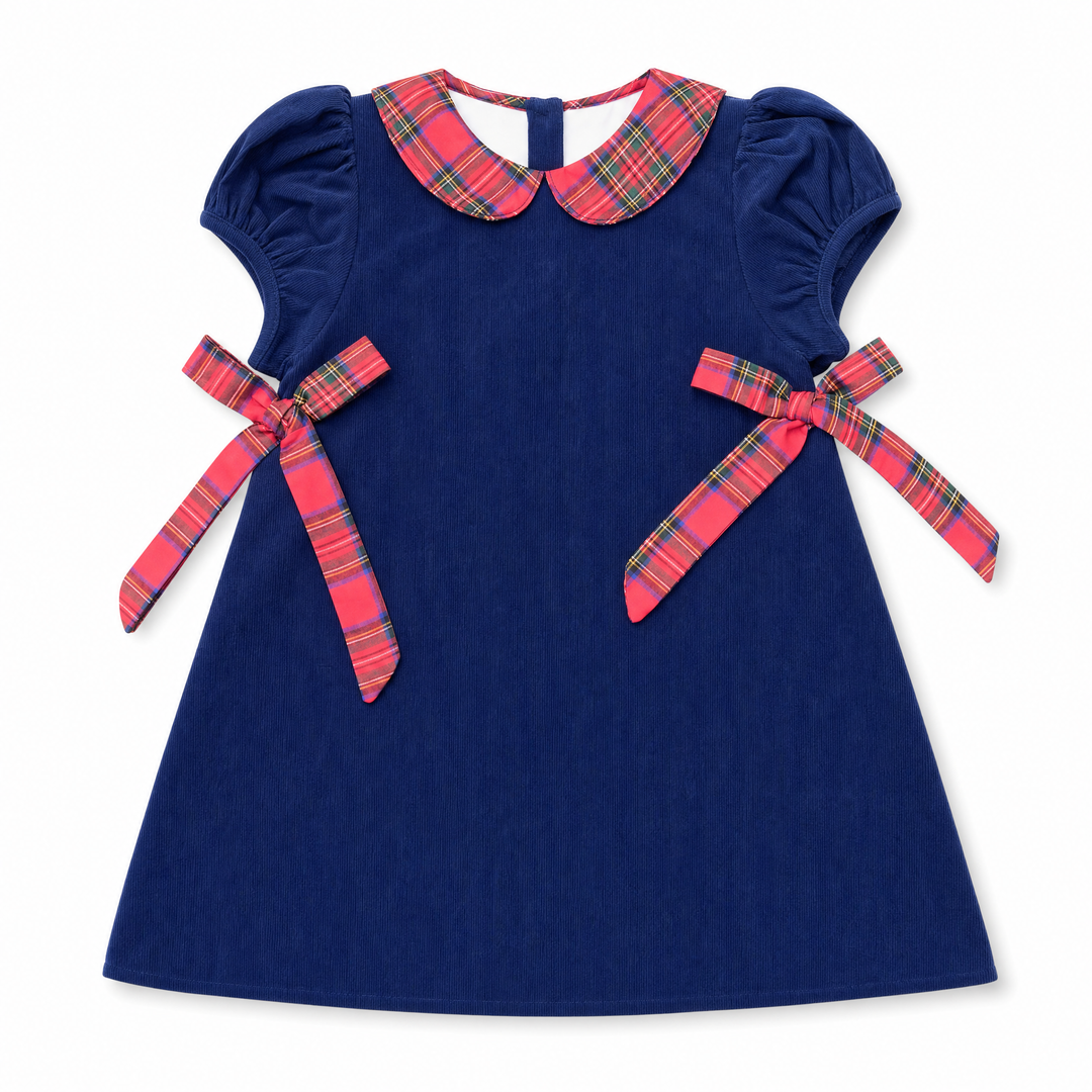Navy Corduroy Dress with Tartan Collar