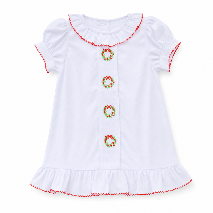 Girls Red and Green Wreath Smocked Dress