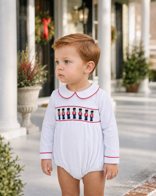 Toy Soldier Smocked Bubble in White — model photo