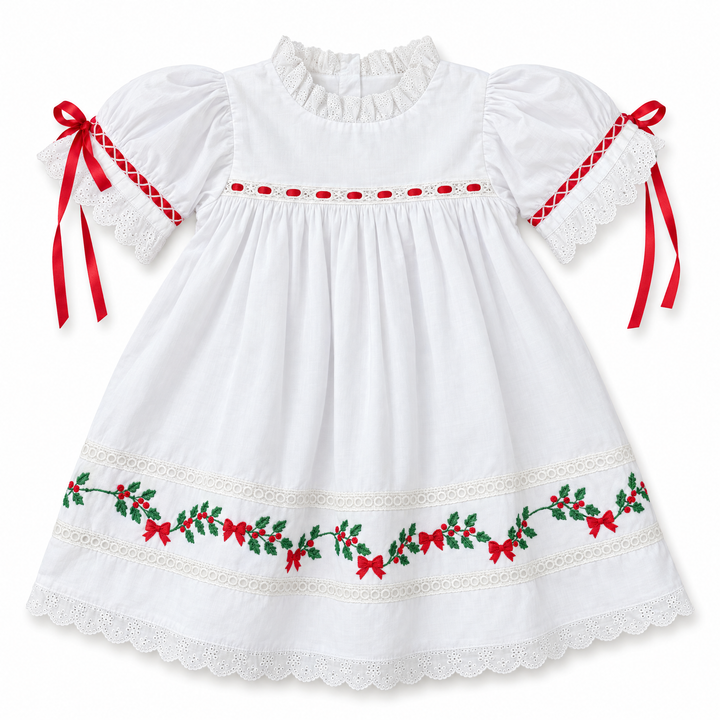 Girls White Heirloom Christmas Dress with Red Satin Bows