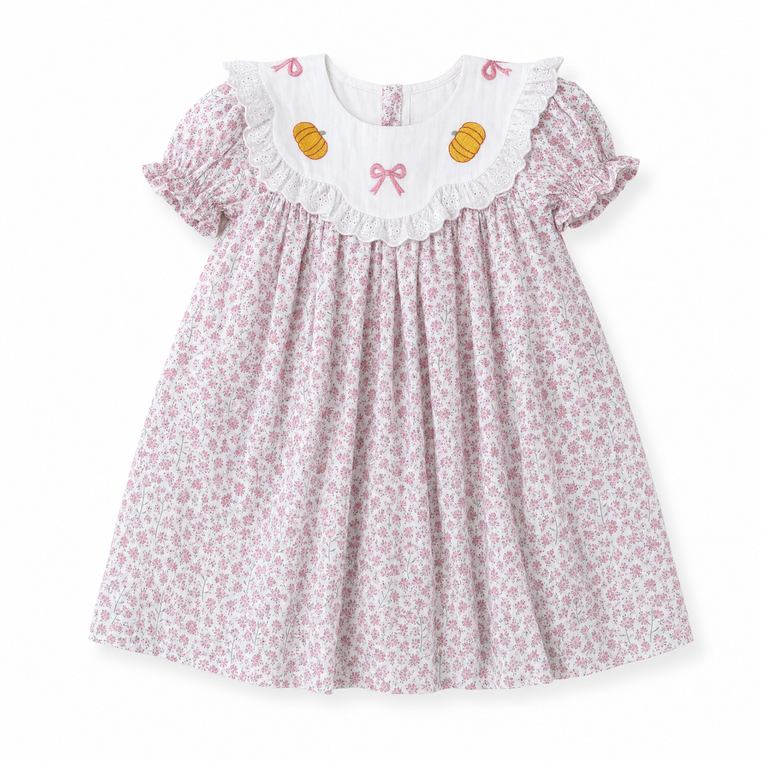 Pumpkins on Pink Floral Smocked Dress