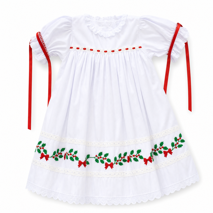 Girls White Heirloom Christmas Dress with Red Satin Bows