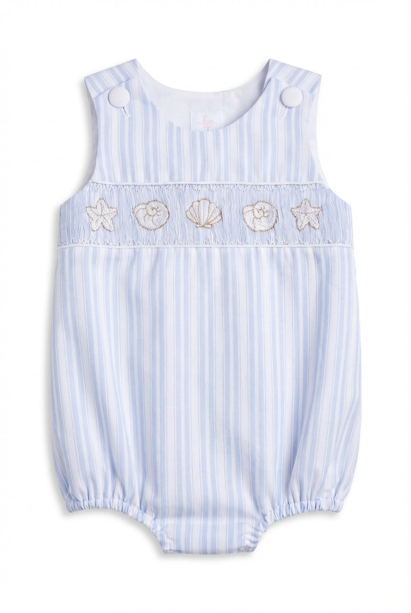 Blue smocked bubble for baby boy with seaside embroidery