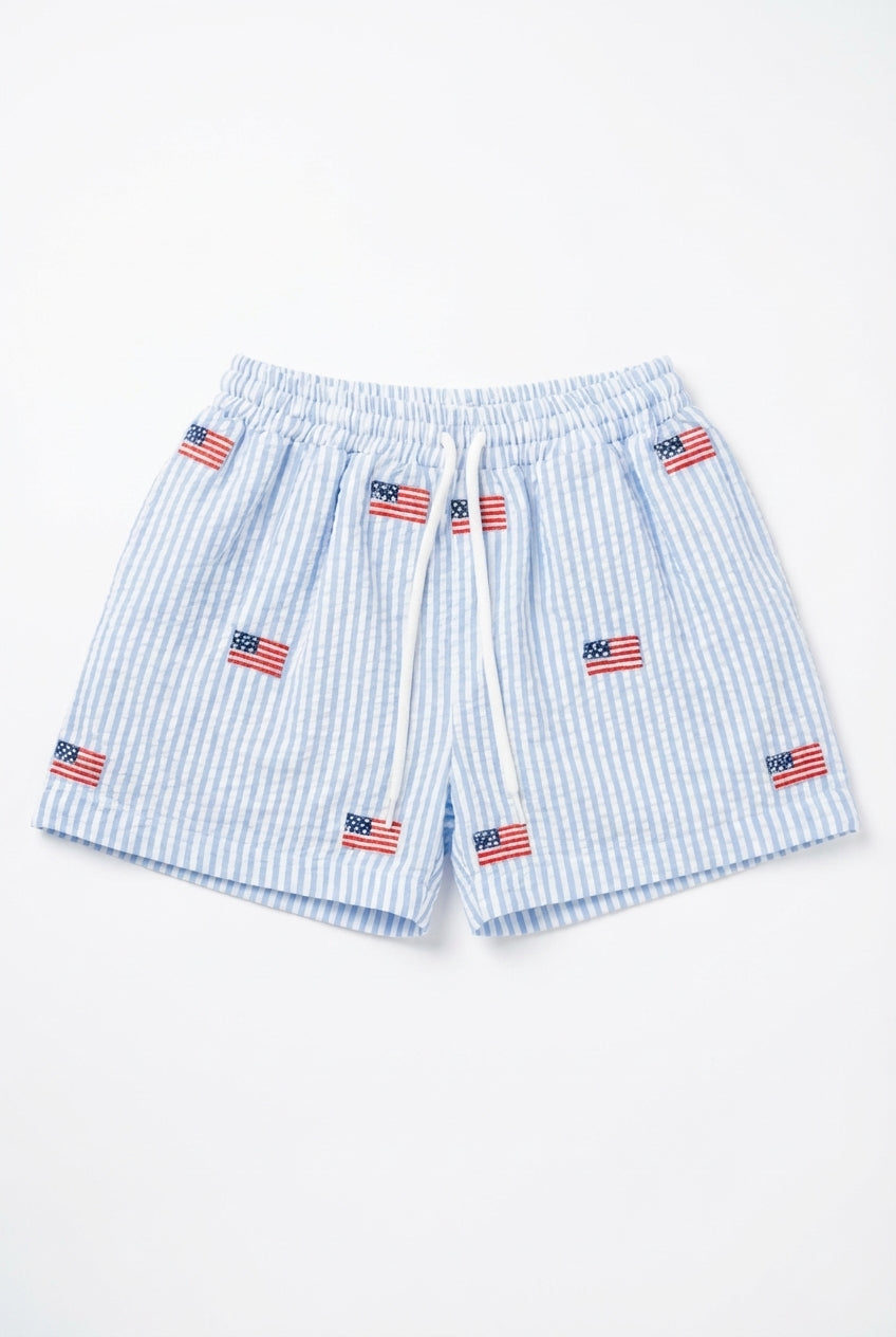Boys blue seersucker swimsuit with embroidered American flags