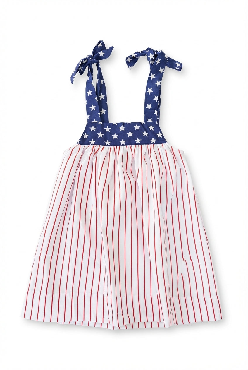 Girls white dress with blue star bodice and red pinstripes