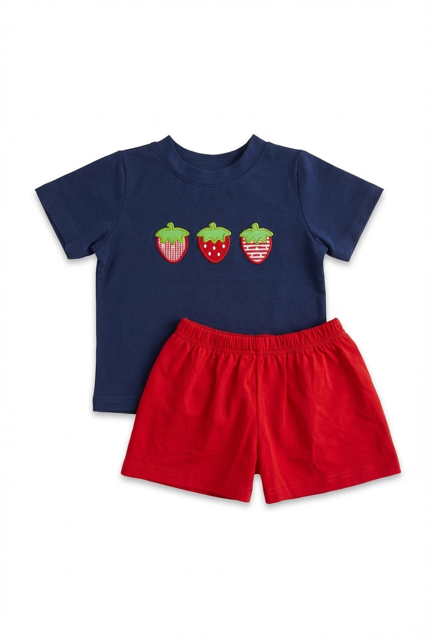 Boys navy short set with red shorts and strawberries