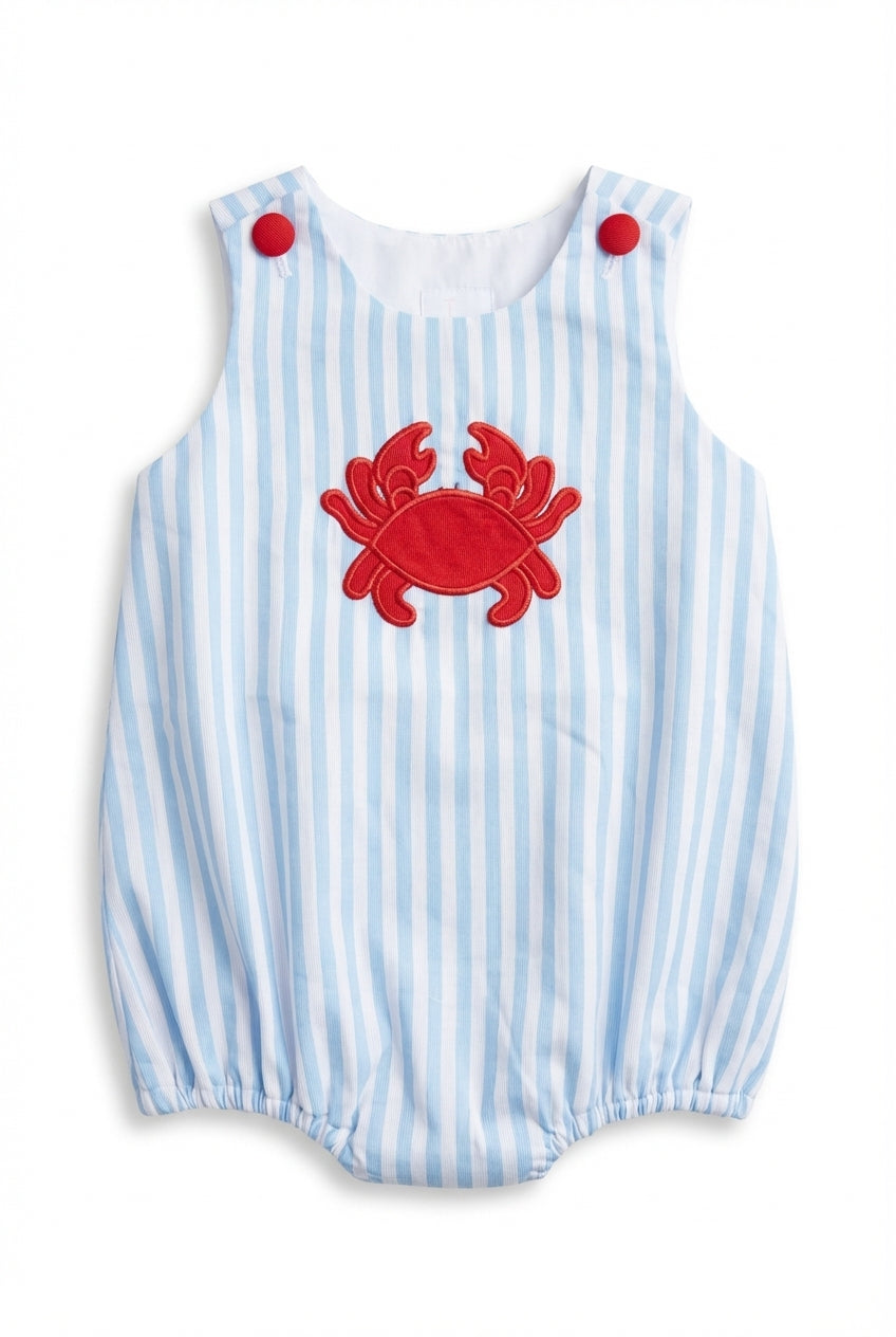 Baby boys blue seersucker bubble with red crab applique