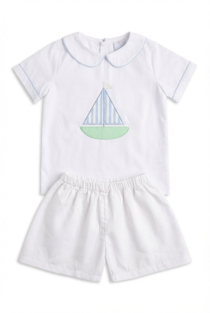 White boys short set with Peter Pan collar and sailboat appliqué