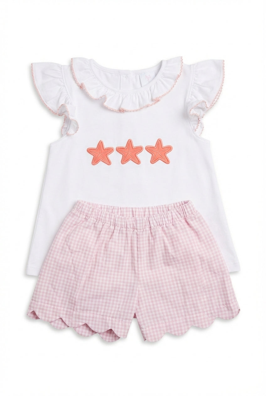 Girls white two piece set with pink starfish and gingham shorts