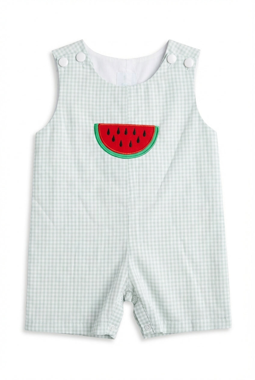 Boys green gingham shortall with watermelon applique