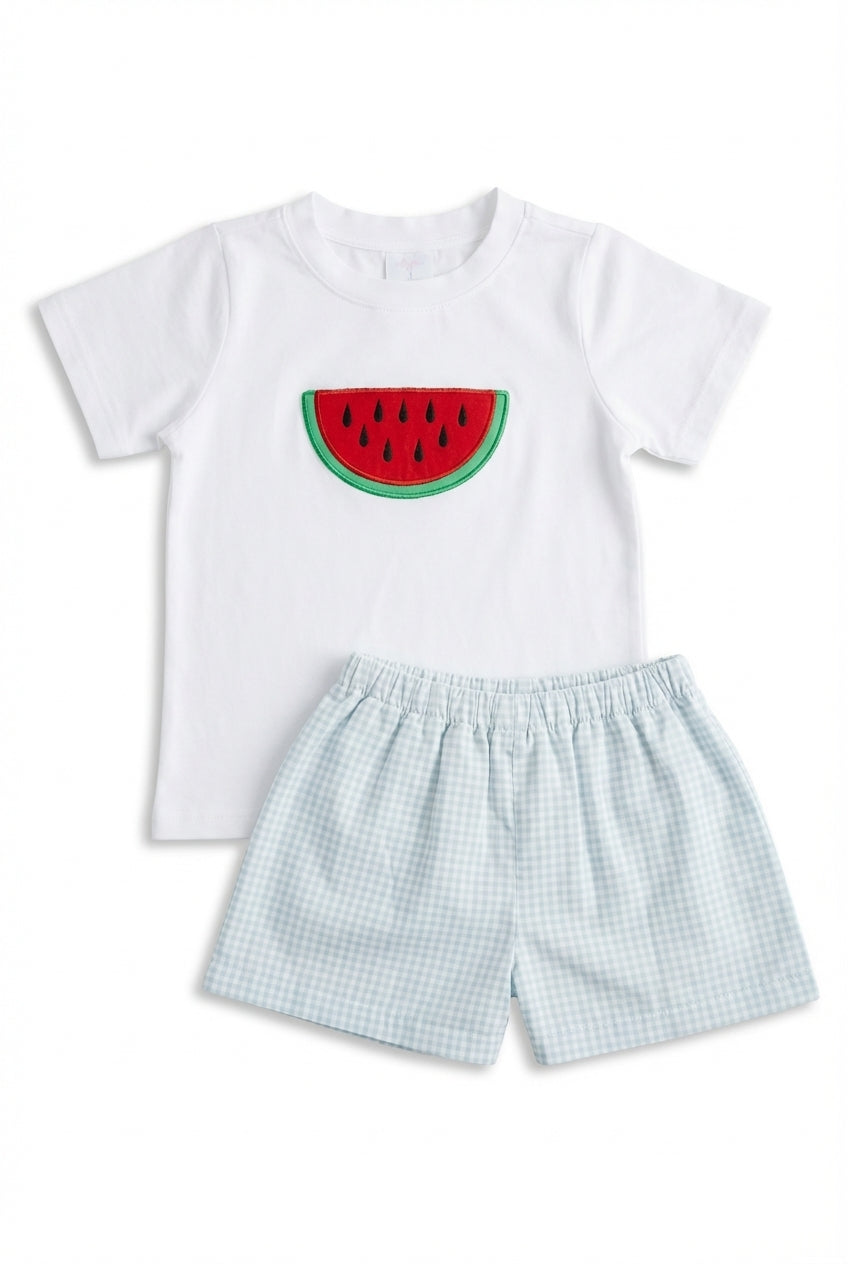 Boys white short set with watermelon applique and blue gingham shorts