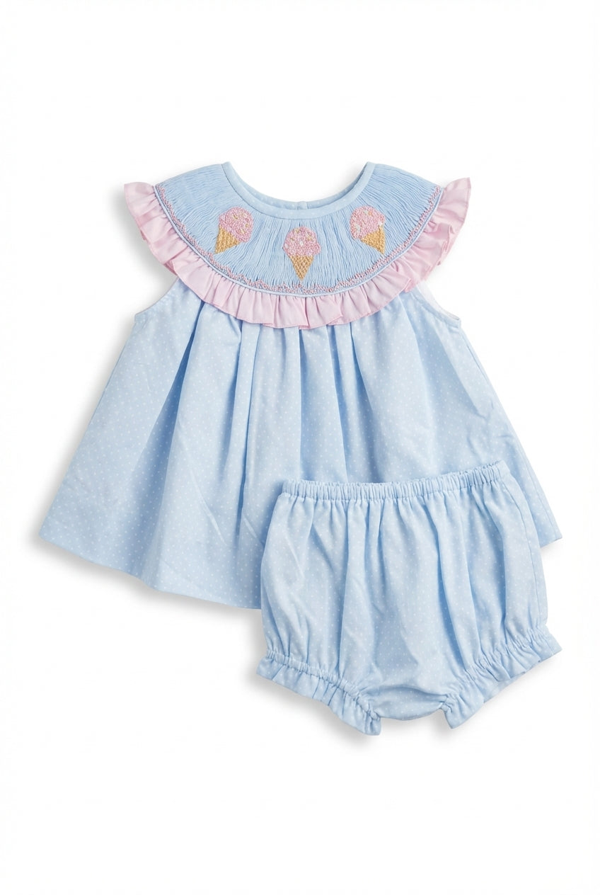 Blue smocked diaper set for baby girl with pink ruffles