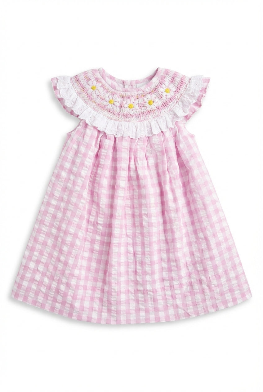 pink smocked girls dress with ruffle sleeves