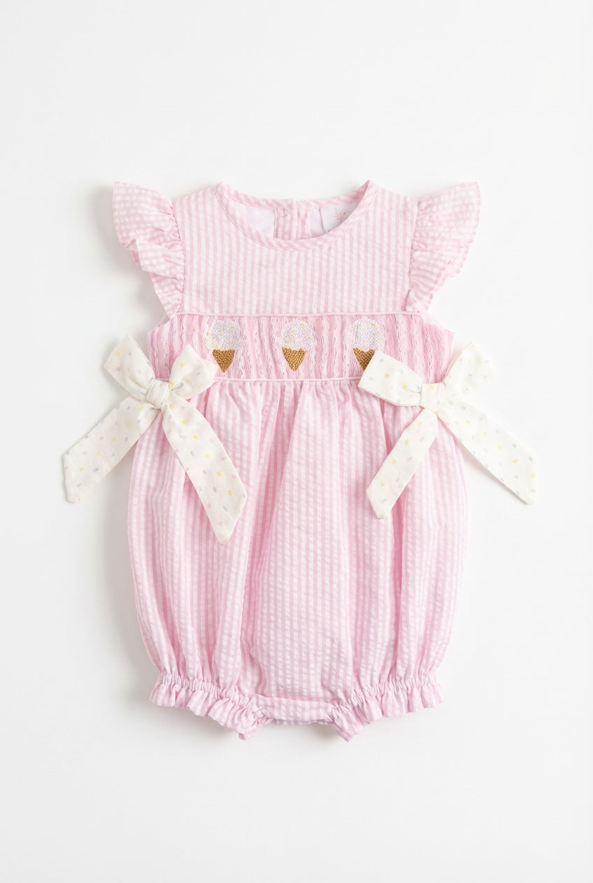 Pink baby girls bubble with ice cream smocking and bows