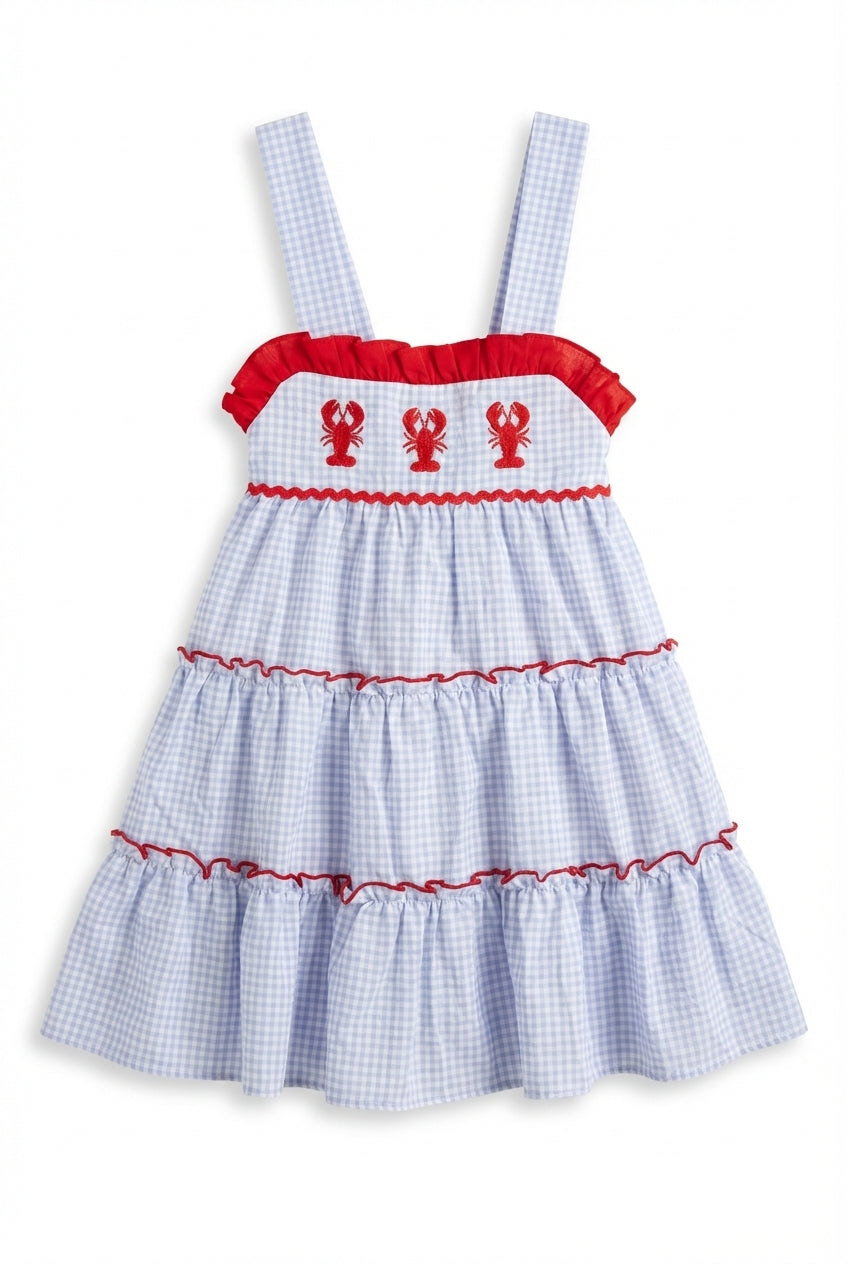 Blue gingham girls dress with red lobster embroidery