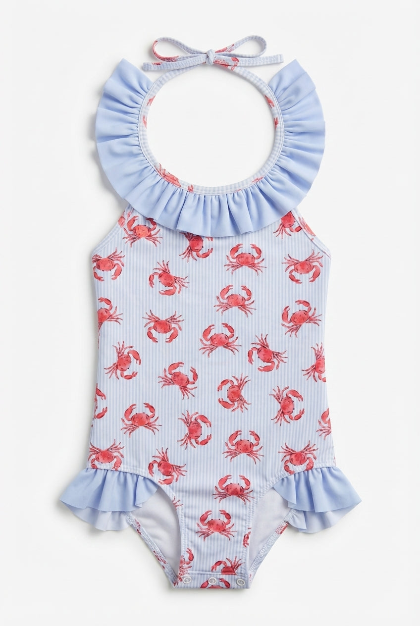 Girls blue crab print swimsuit with ruffle collar