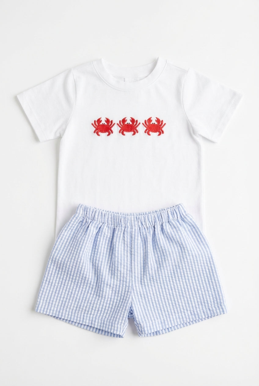 Boys white short set with red crabs and blue seersucker shorts