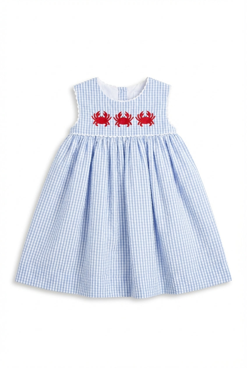 Blue girls dress with red crab embroidery