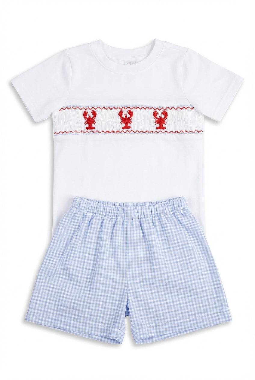 boys white smocked short set with blue gingham shorts