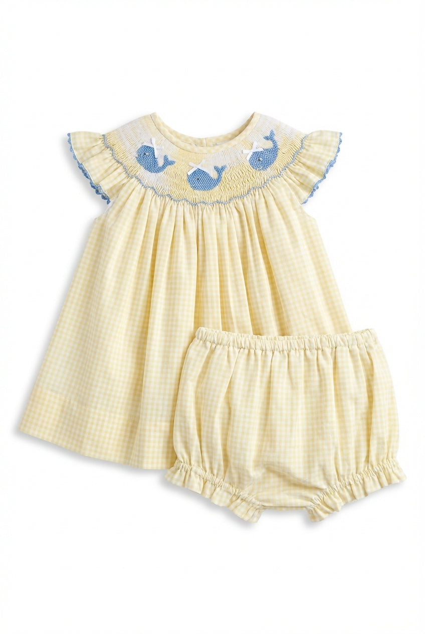Yellow baby girls diaper set with blue whale smocking