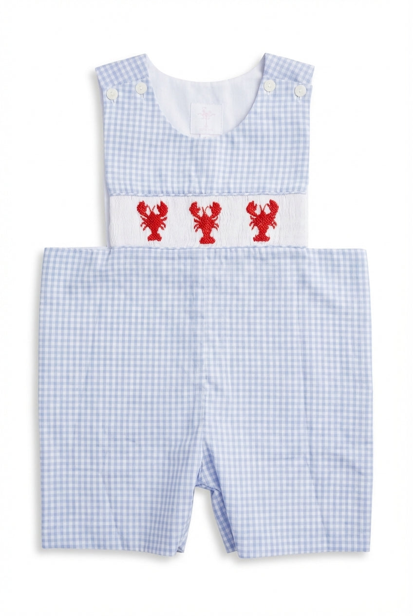 Blue gingham boys shortall with red lobster smocking