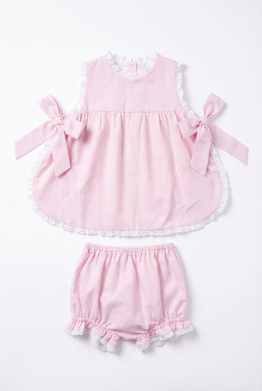 Pink gingham diaper set for baby girl with matching bloomers