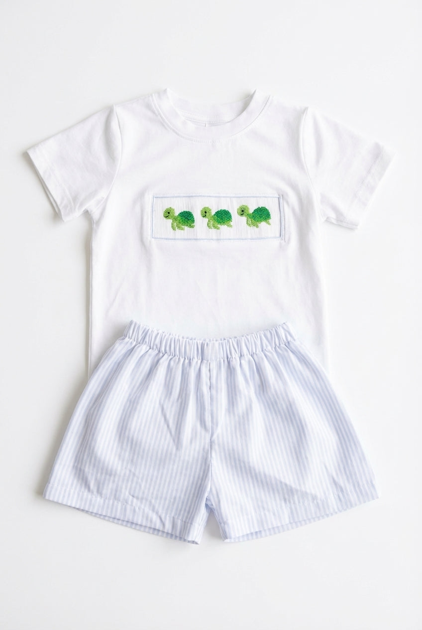 Boys white short set with turtles and blue seersucker shorts