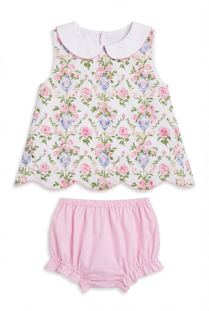 Girls pink floral diaper set with Peter Pan collar and bloomers