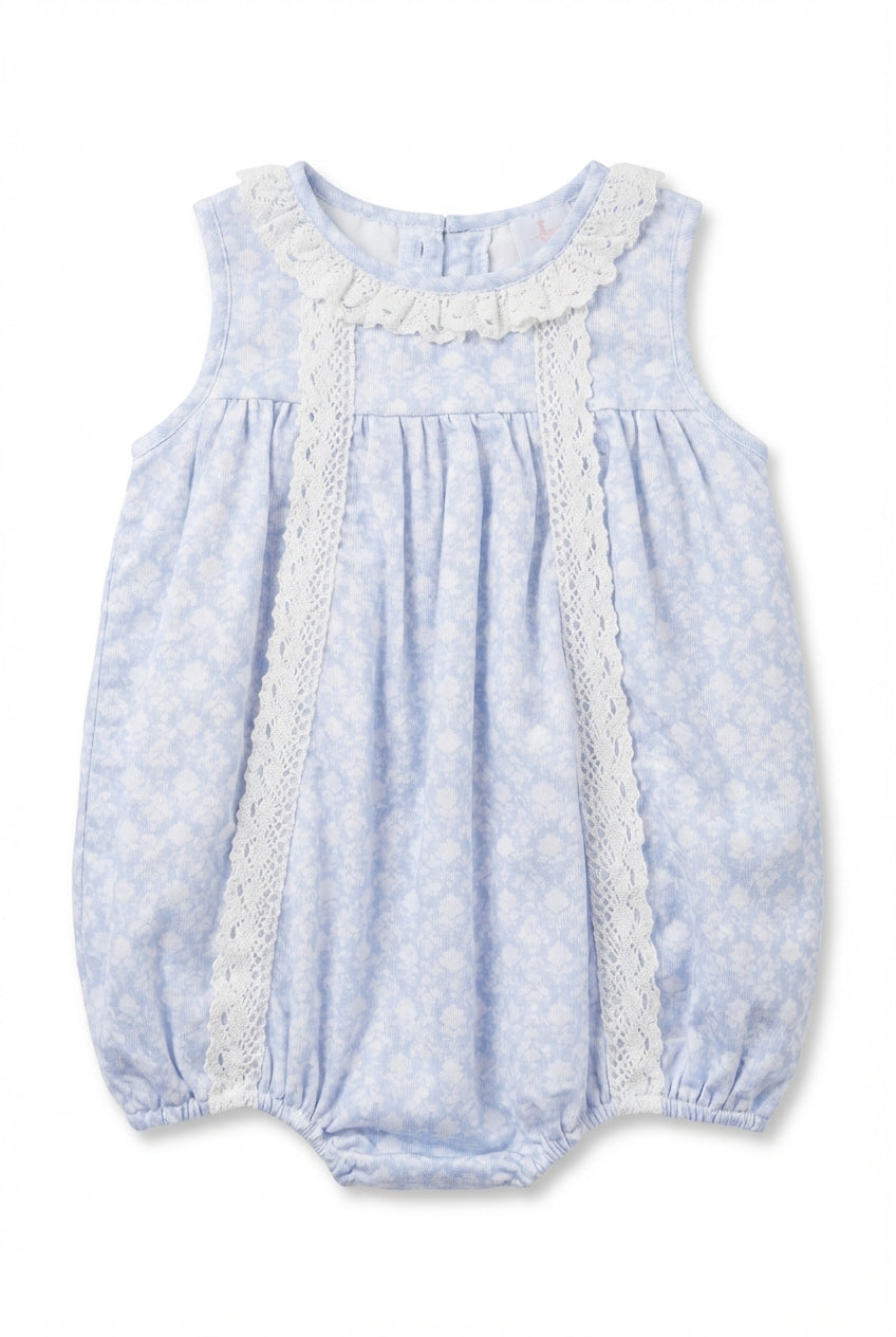 Blue floral baby girl bubble with white lace trim