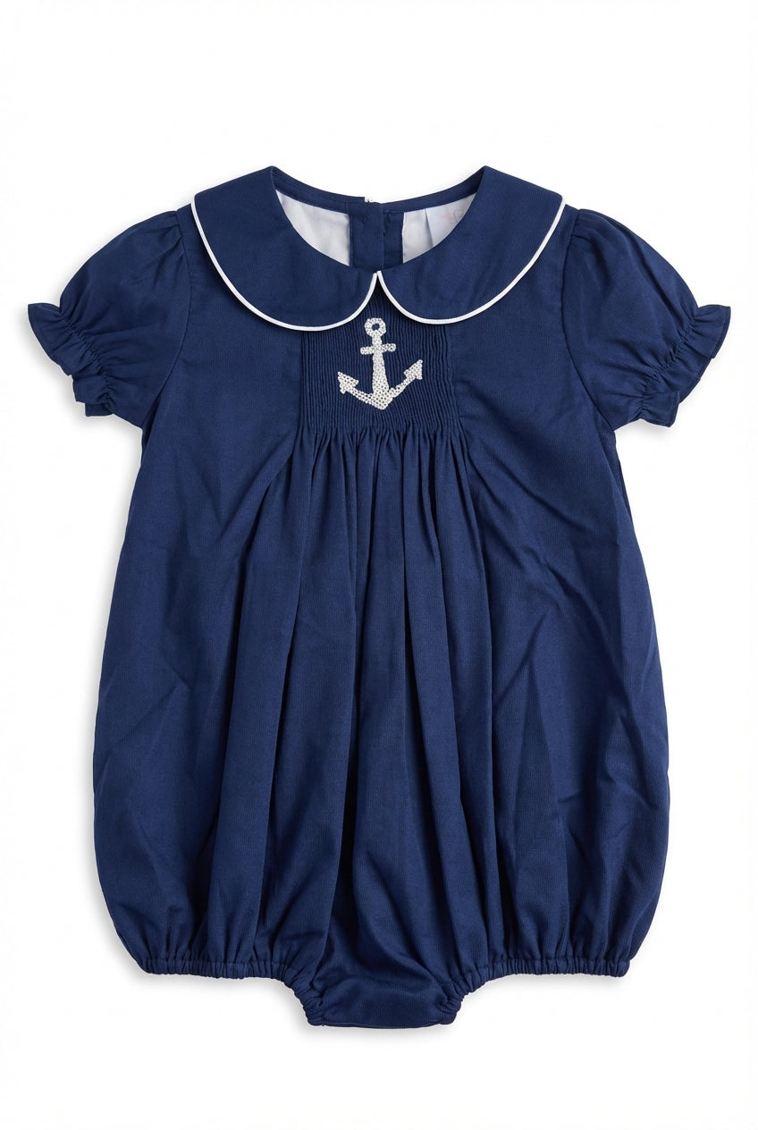 Navy baby girls bubble with white anchor and Peter Pan collar