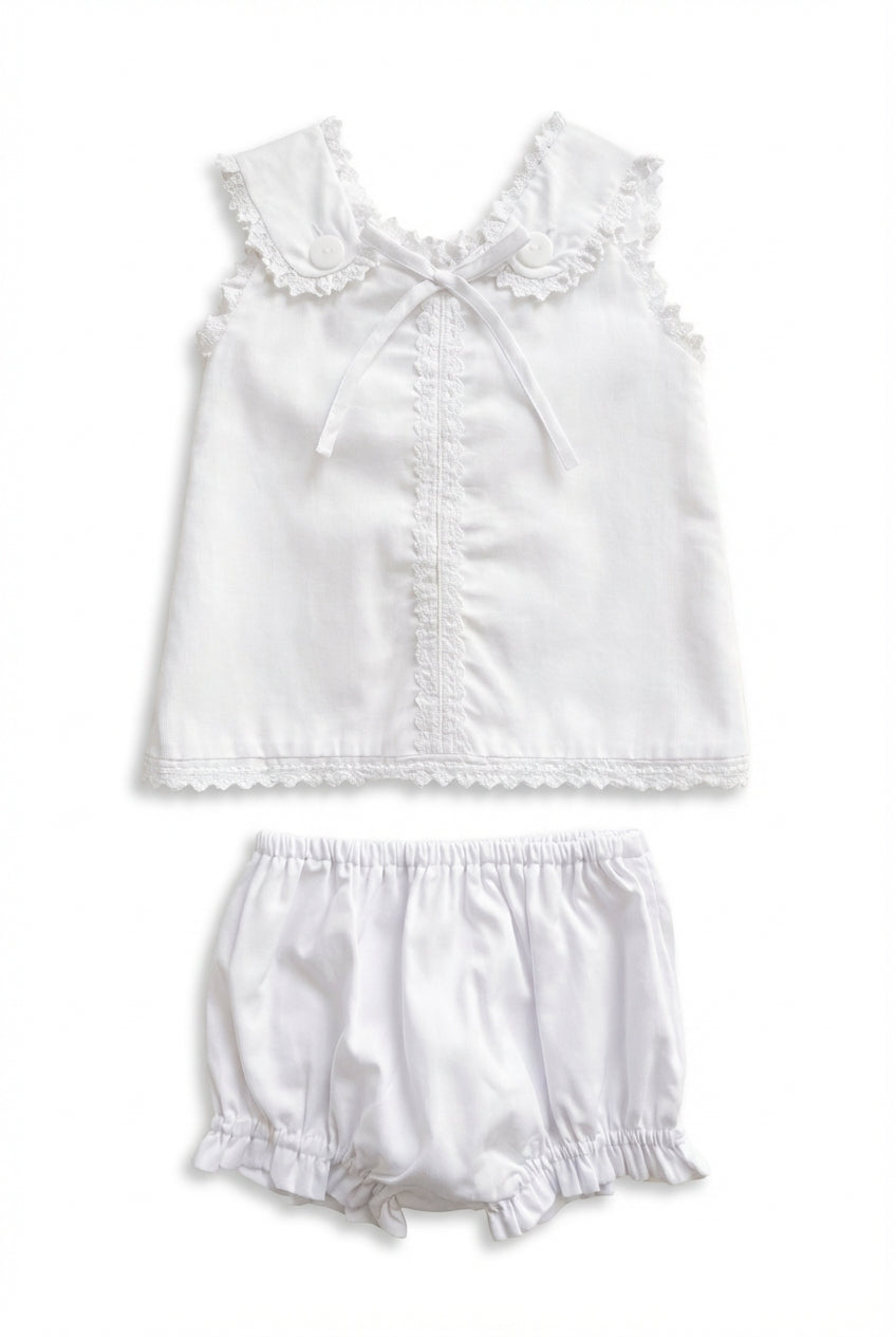 White baby girl diaper set with lace-trim top and bloomers