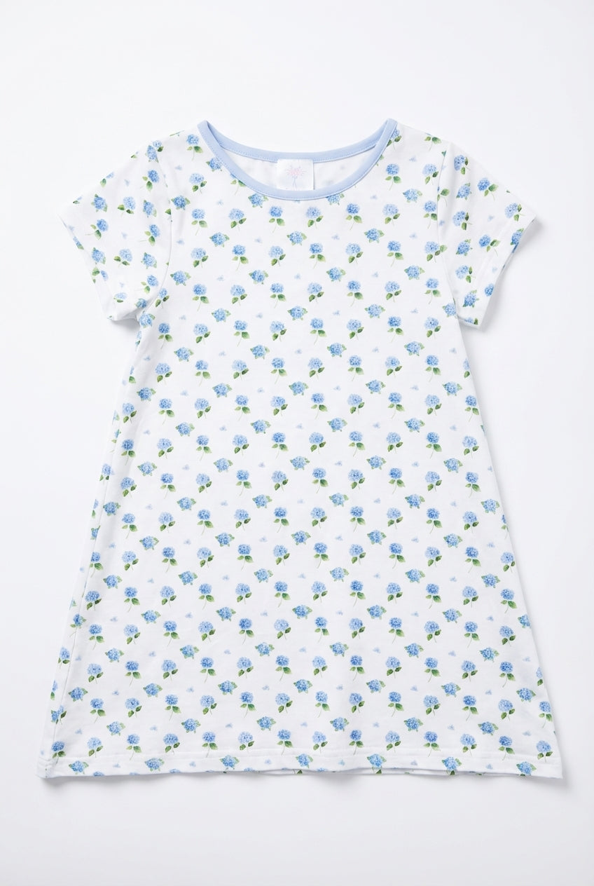 Girls white dress with blue hydrangea floral print
