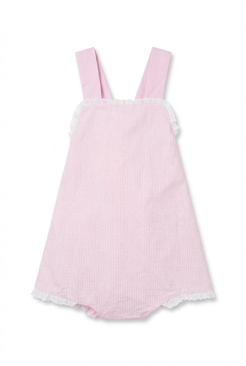 Pink gingham baby girl bubble with white lace trim