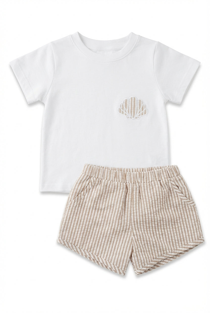 Boys white short set with seashell pocket embroidery