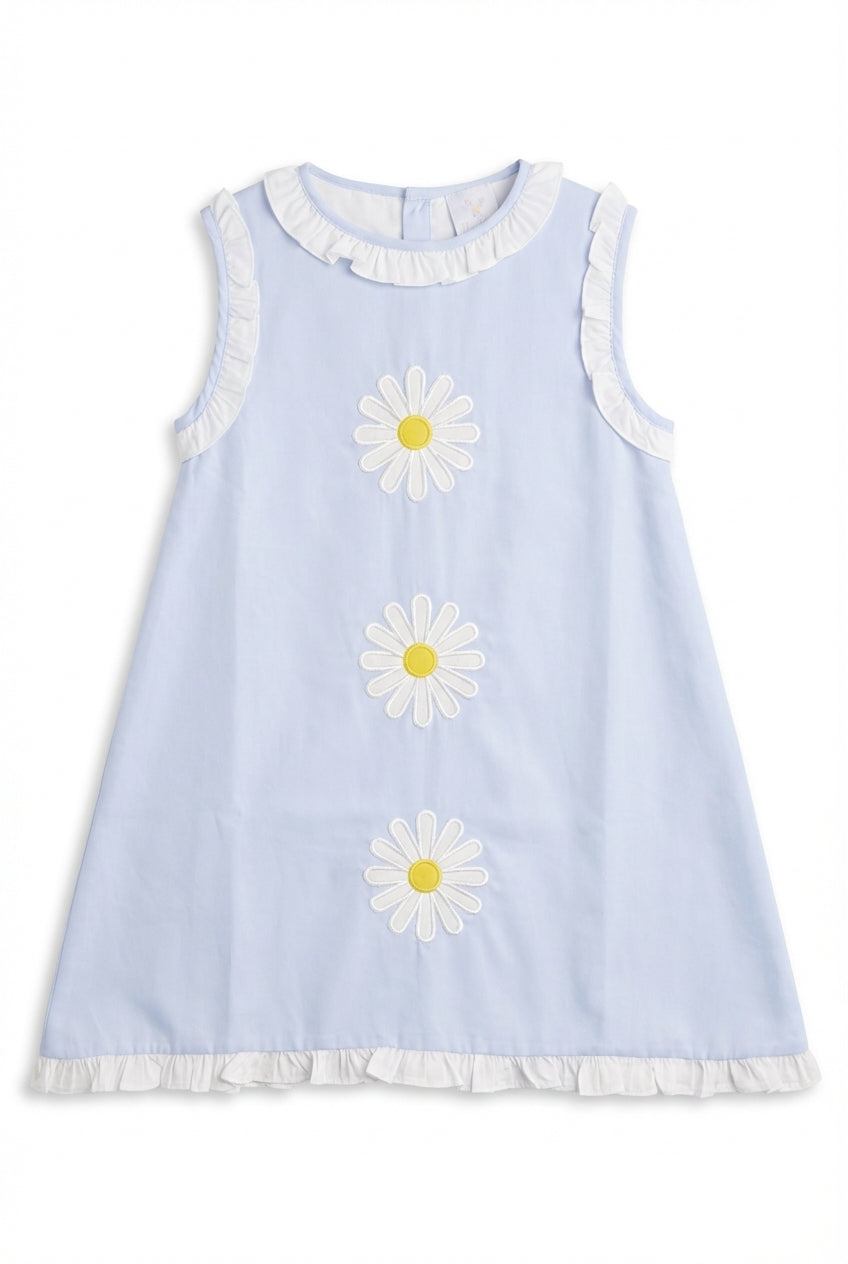Girls blue dress with white ruffle trim and daisy appliqués