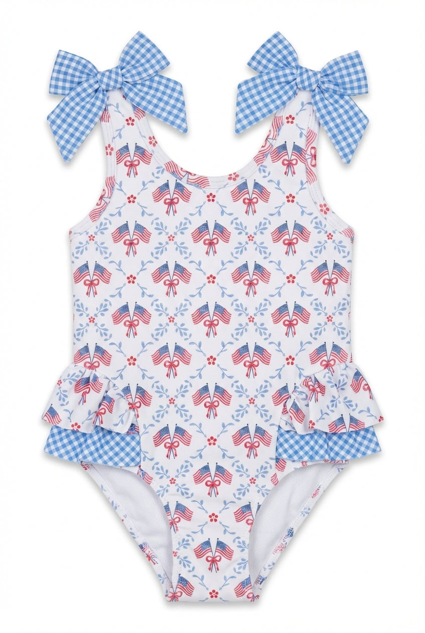 Girls white patriotic swimsuit with blue gingham shoulder bows
