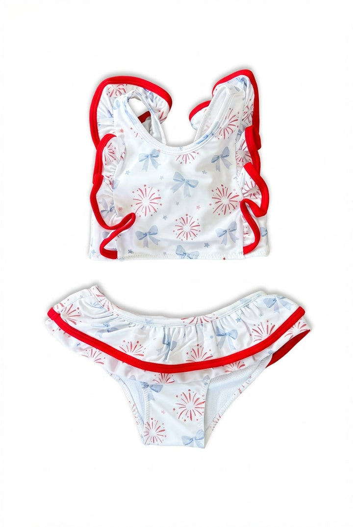 Girls white two-piece swimsuit with firework and bow print