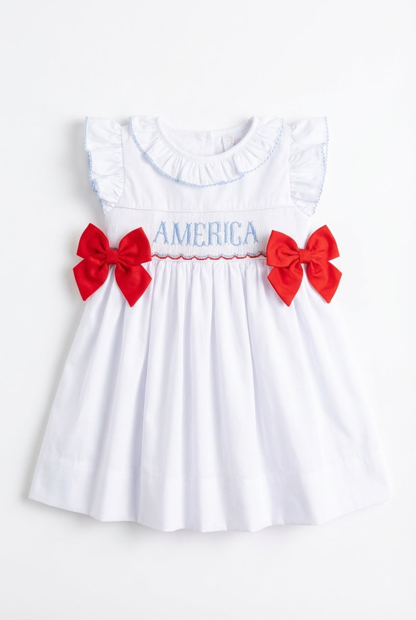 White girls dress with America smocking and red side bows