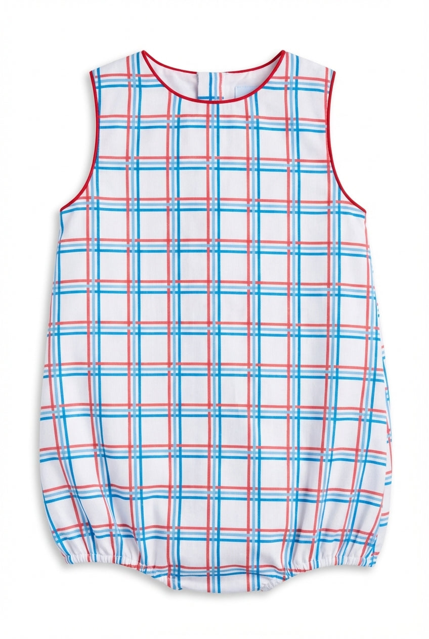 Girls white plaid bubble with red and blue trim