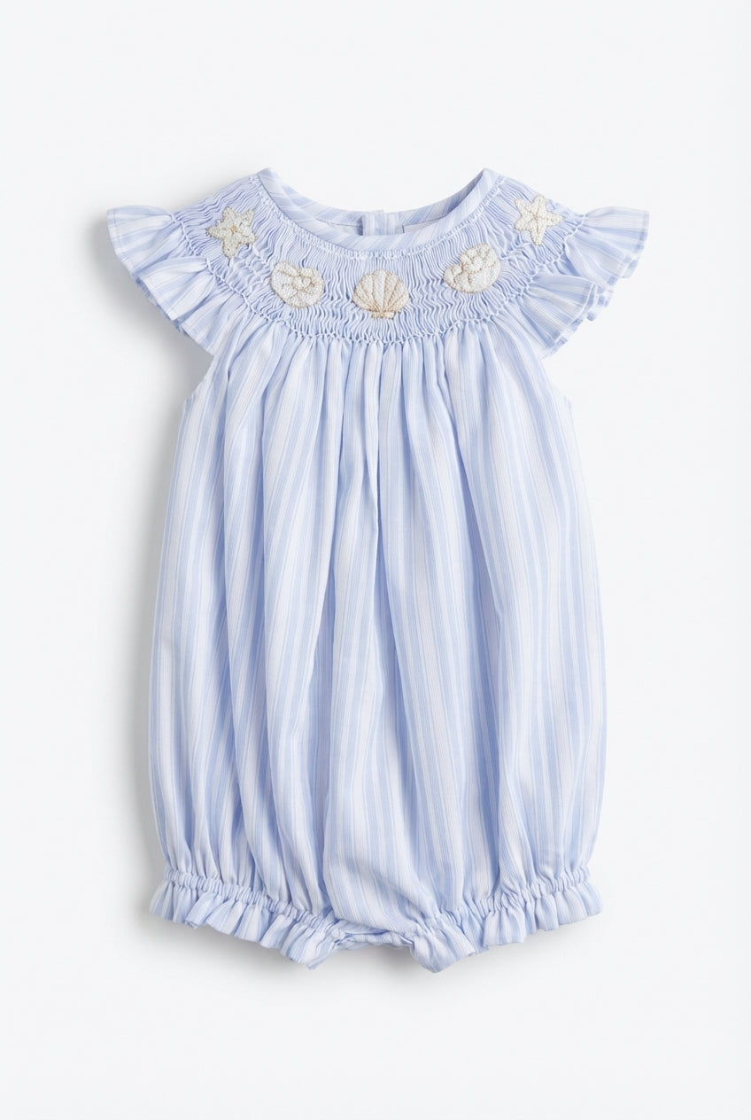 blue smocked bubble for baby girl with seashell embroidery