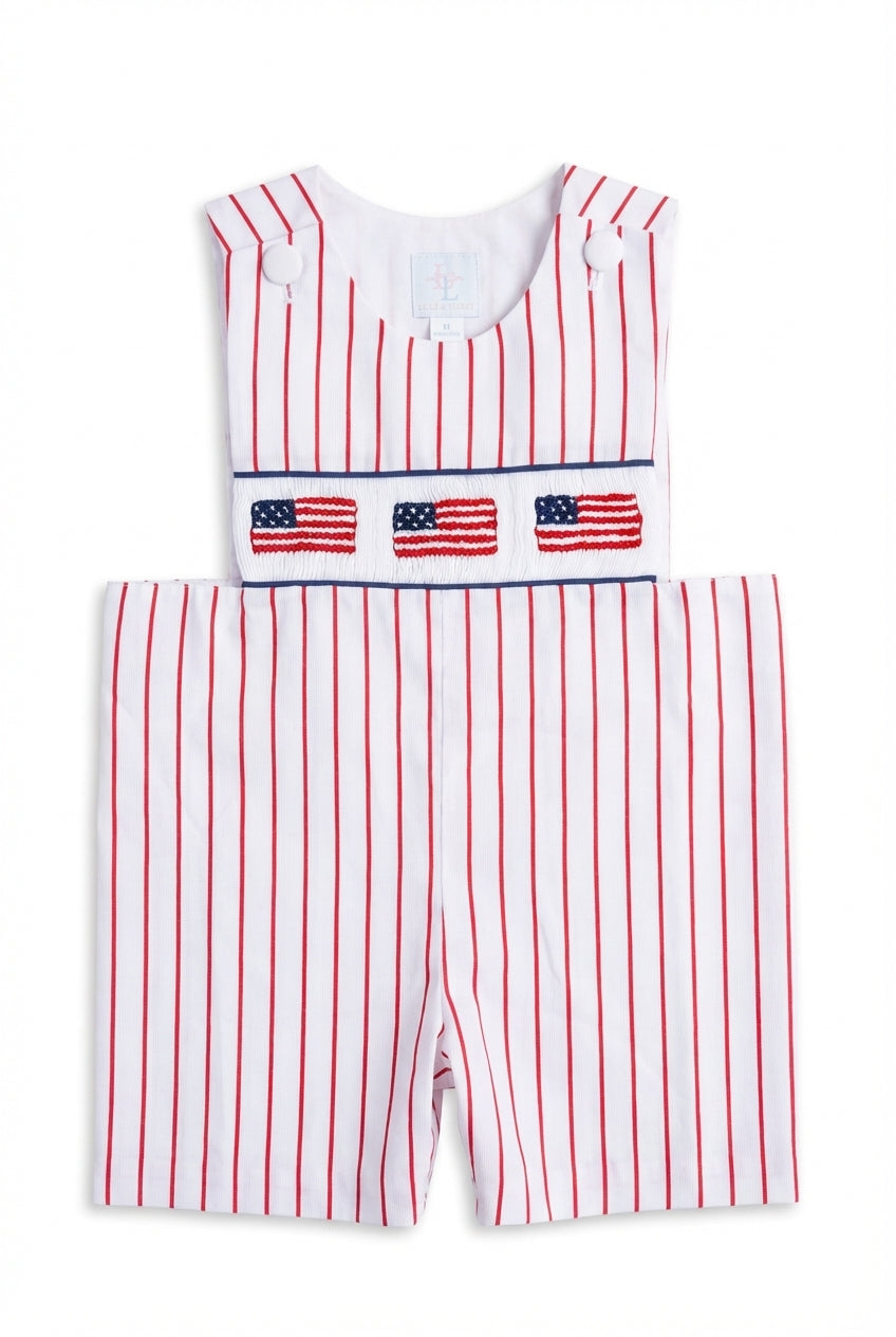 Boys white pinstripe shortall with smocked American flags