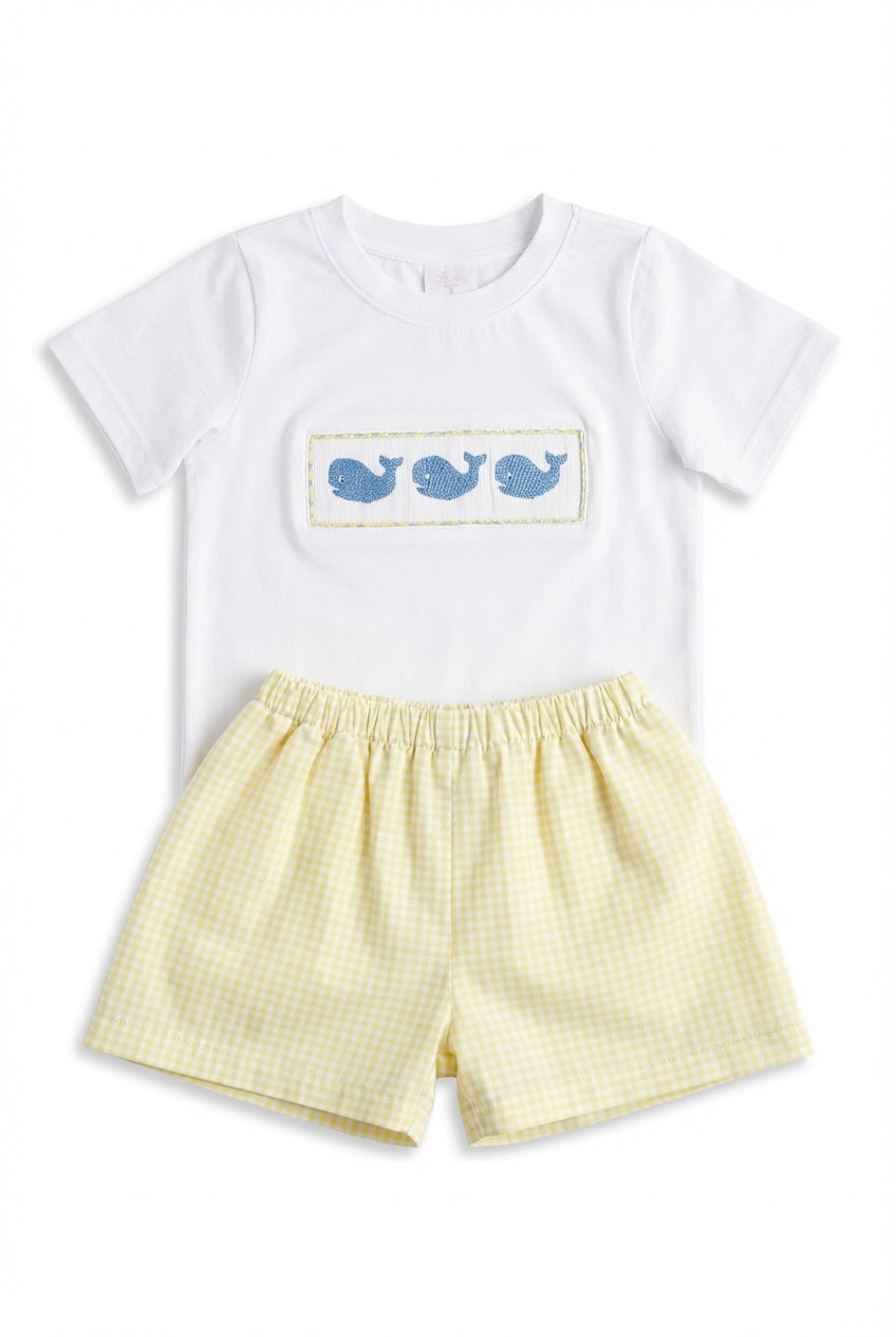 Boys white whale short set with yellow gingham shorts