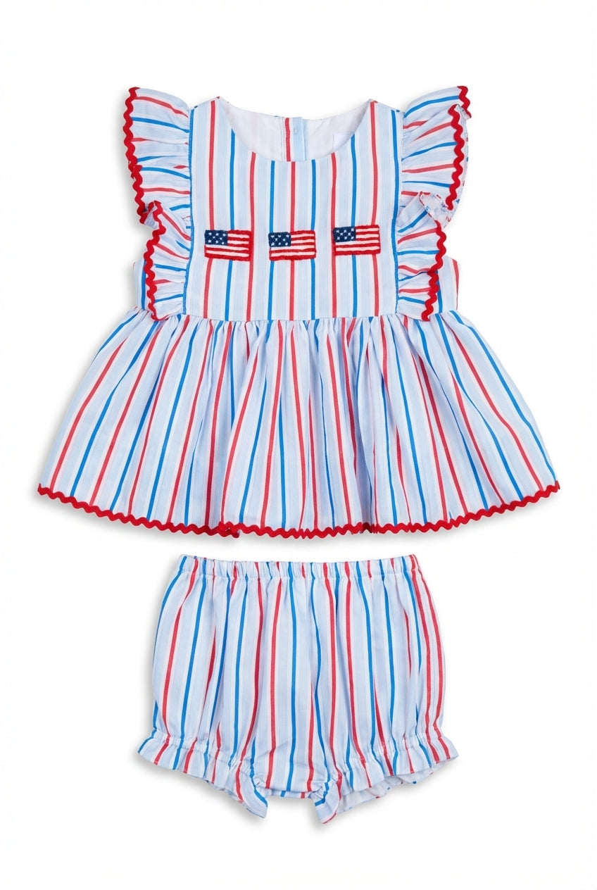 girls white two piece set with embroidered flags