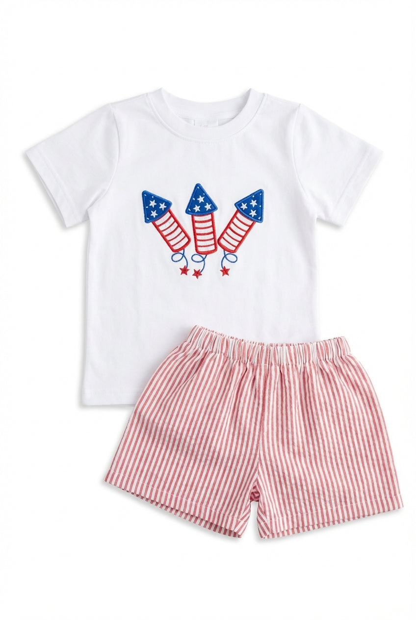 Boys white short set with red seersucker shorts